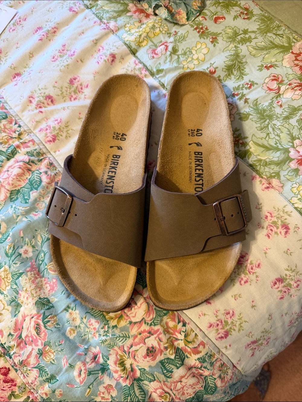 Birkenstock Brown Single Strap Slide with Buckle